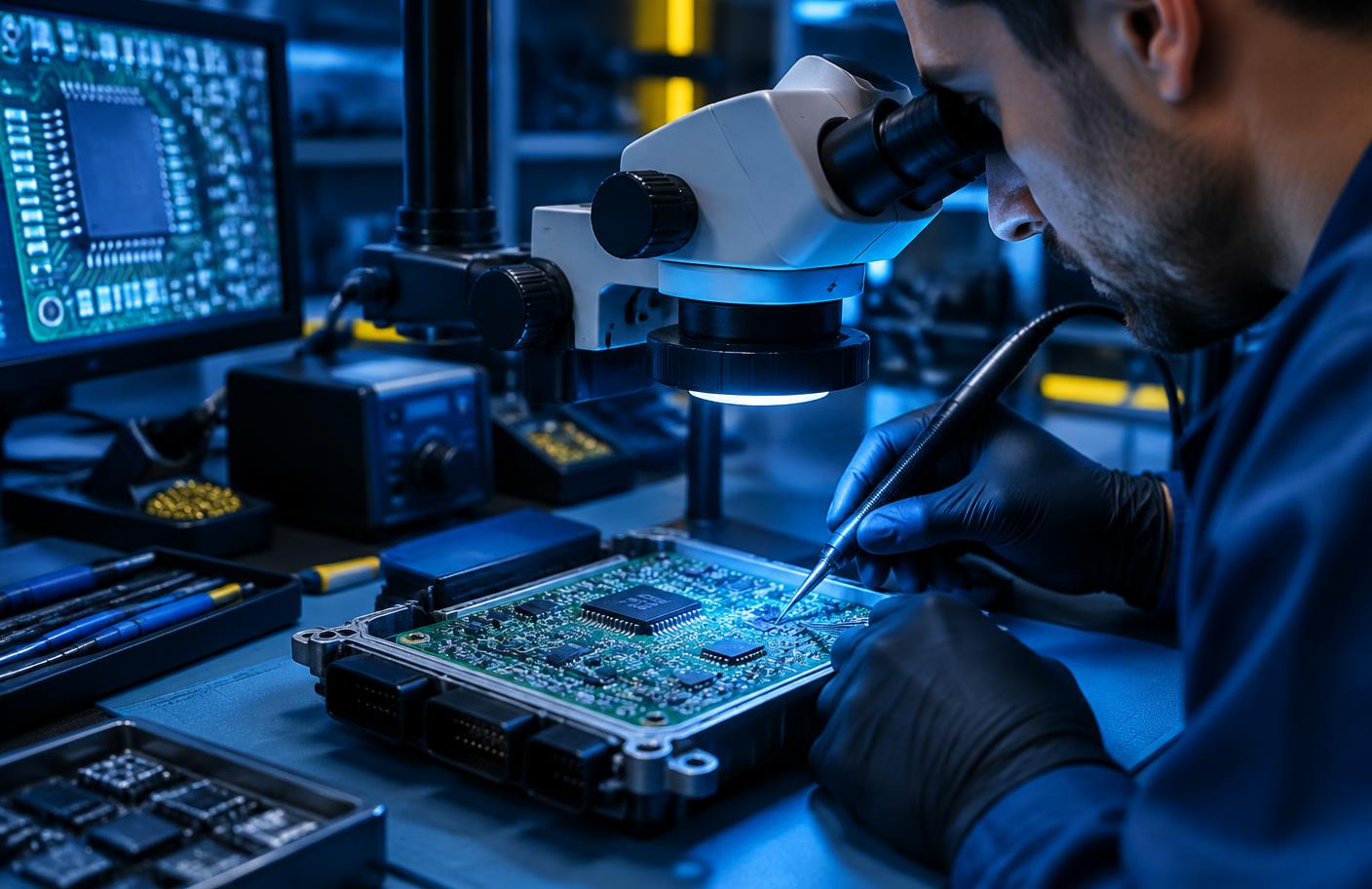 Automotive module board inspection under a microscope