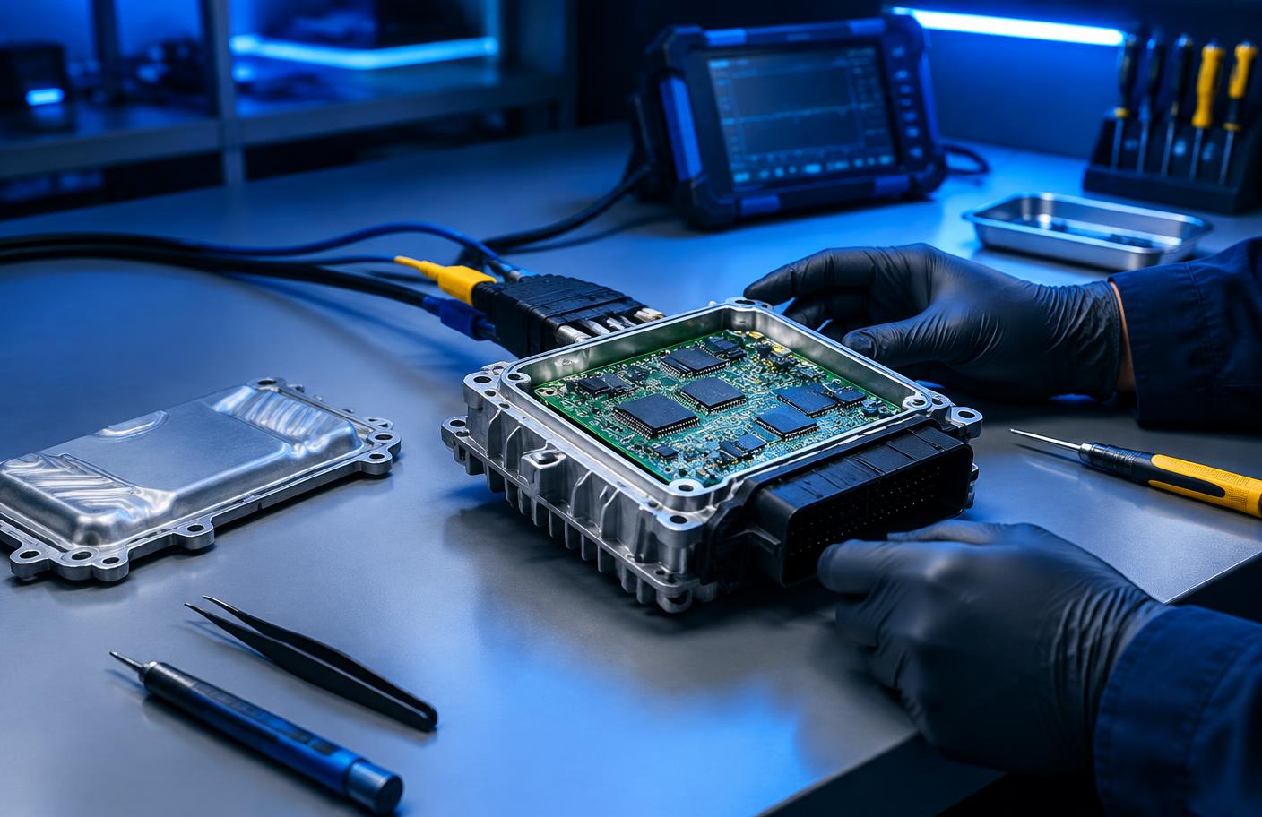 Technician performing Ford EEC-V PCM Clone / Programming